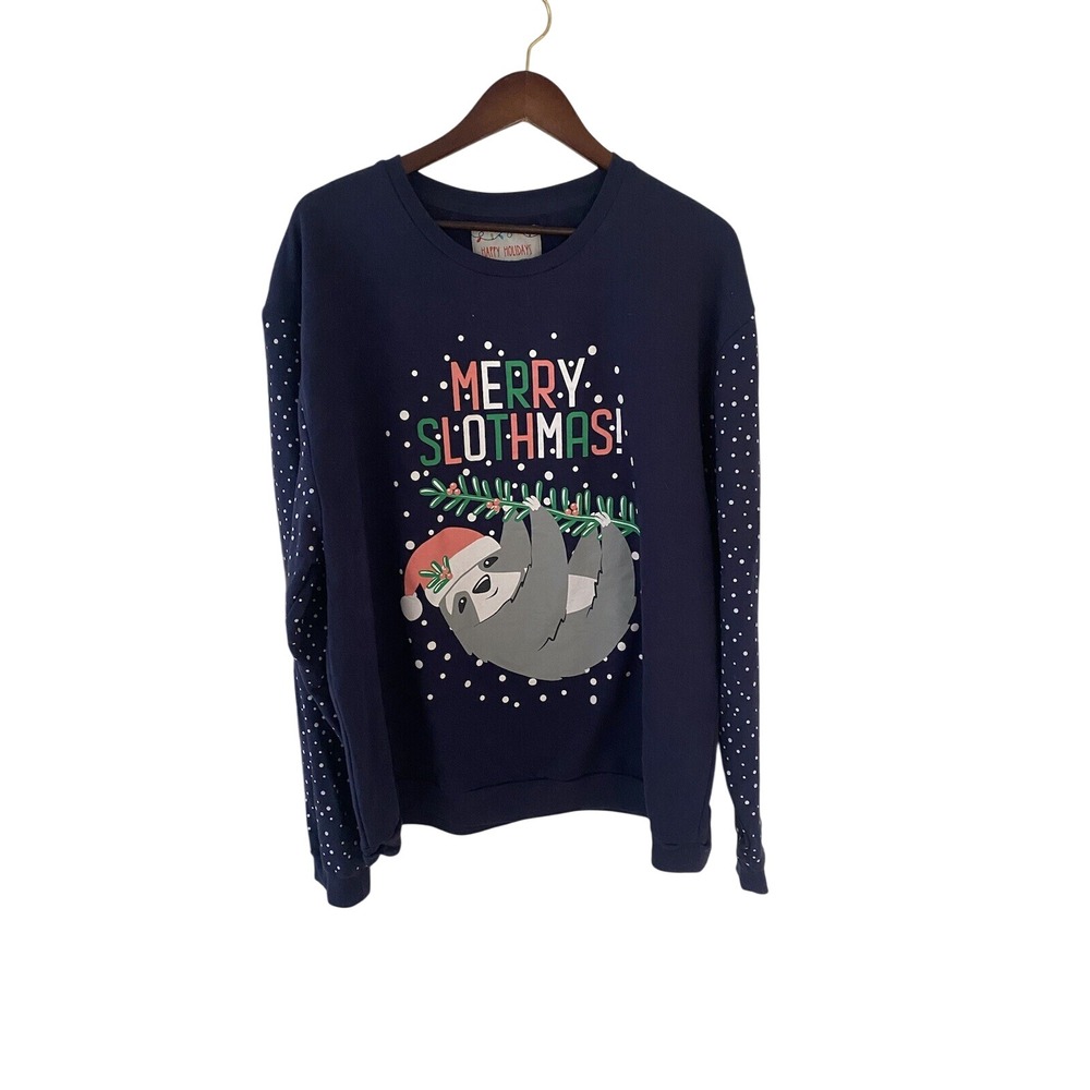 Happy Holidays Merry Slothmas Navy Blue Polka Dot Sleeve Sweatshirt Womens 2XL